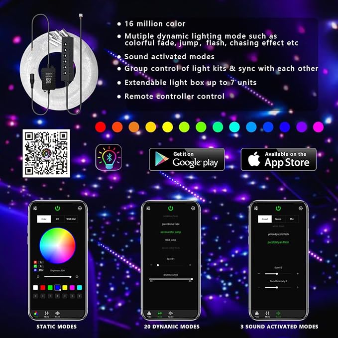 AKEPO MIni Size 3.2W 6-Hole RGB Multi-Color Fiber Optic Lights, APP Control 13.1ft 240pcs*0.75mm/0.03in Optical Fiber Several Color Chasing Sound Activated Timer Star Ceiling Sky Light