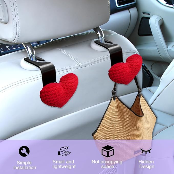 2PCS Car Headrest Hook, Cute Wool Heart Vehicle Seat Hangers for Umbrellas Grocery Bags, Automotive Interior Backseat Storage Organizer Hook, Universal for SUV, Sedan, Truck (Red)