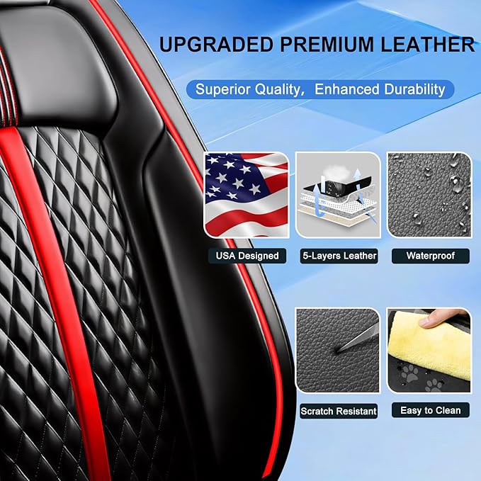 Fit CX-5 Car Seat Covers (Front Pair) for Select Mazda CX5 2013-2024 2025 2026 - Premium Full Coverage Leather, Airbag Compatible, Waterproof & All Weather Seat Protector, Black with Red Trim