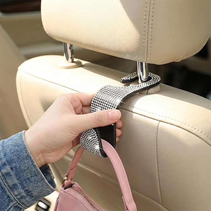 4PCS Bling Car Seat Headrest Hooks, Crystal Rhinestone Vehicle Back Seat Hanger Holder, Auto Interior Headrest Hanging Storage Organizer for Purse Handbag Coat, Universal Fit (White)