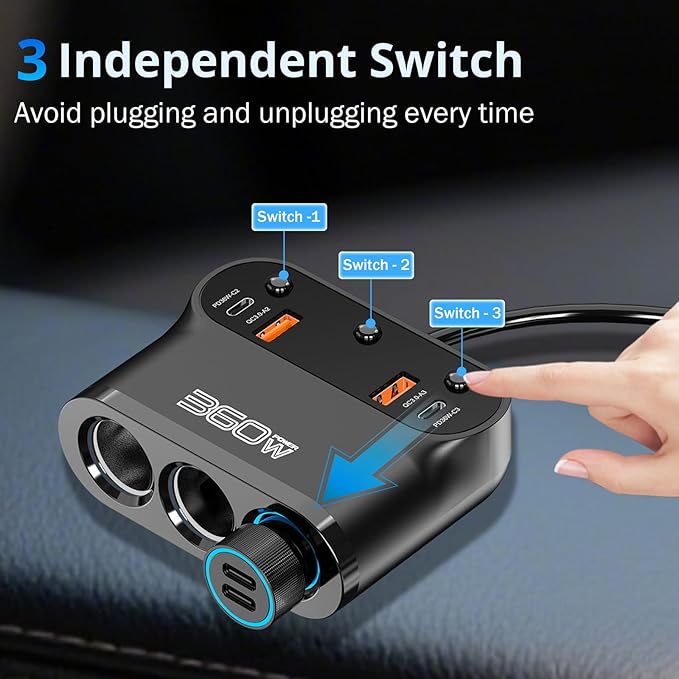 Qidoe 9 in1Cigarette Lighter Splitter,360W 3 Socket Car Charger Adapeter,3*PD&QC 108W,12V/24V Car Socket Adapter with Independent Switches & LED Voltage Display for All Car Devices