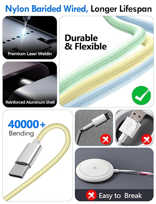 2Pack Multi Charging Cable Cord for Travel Essentials,Apple Watch Charger,iPhone Charger,[3-in-2] Type C/L Cable Portable Designed for iWatch,iPhone 17-8,Galaxy S25-21,AirPods,iPad-4FT Yellow