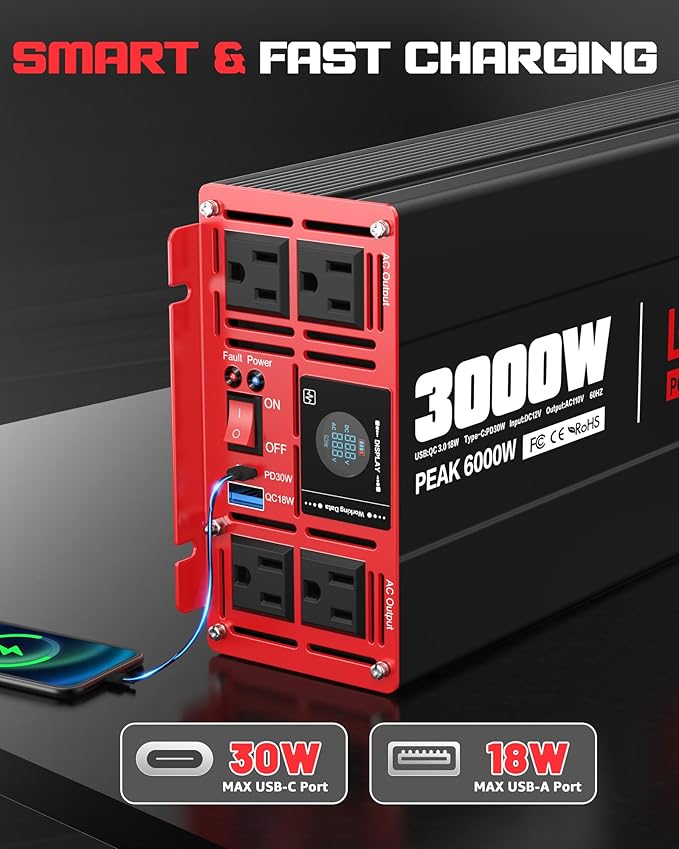 3000 Watts Power Inverter DC 12V to AC 110V/120V 6000W Peak Inverters with 4 AC Outlets Type-C PD30W/QC3.0 18W USB Fast Charging Port with LCD Display for Vehicles Home RV Car Solar Off-Grid Converter