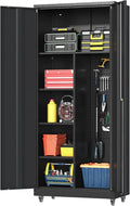 Metal Garage Storage Cabinet with 2 Doors, Adjustable Rolling Tool Storage Cabinet with Lock, 71" Steel Locking Tool Cabinet with Wheels and Shelves for Garage, Warehouse(Black, 71" H)