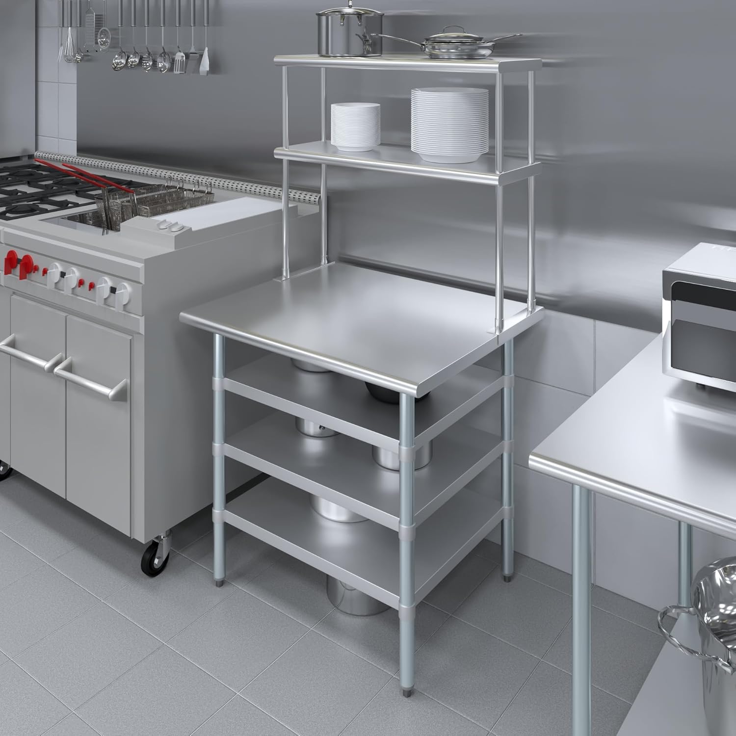 Amgood 30" x 36" Stainless Steel Work Table with 3 Shelves and 12" Wide Double Tier Overshelf | Metal Kitchen Prep Table & Shelving Combo | NSF