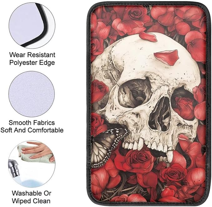 Dreaweet Red Rose Skull Arm Rest Cover for Car Women Spooky Car Accessories Interior Universal Center Console Cover Comfortable Softness Car Armrest Cushion Pad for SUV Trucks Sedan