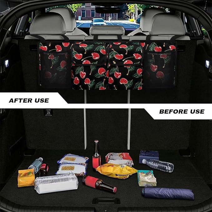 Cherry Car Trunk Organizers, 37.1" x 11.8" Backseat Hanging Organizer with 4 Storage Bag, Waterproof Car Organizer with Adjustable Strap, Car Interior Accessories