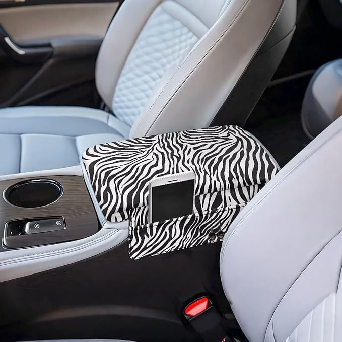 Car Center Console Cover with Storage Bag, Zebra Print Non-Slip Armrest Seat Box Cover Protector, Universal Car Decor Accessories Fit for Most Cars, Vehicles, SUVs