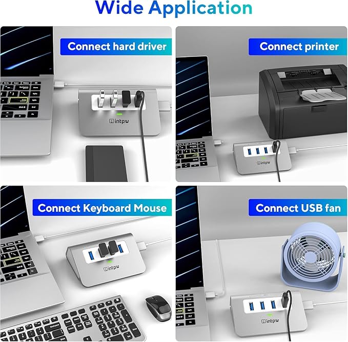 intpw USB 3.0 Hub, Aluminum 4 Port USB Data Hub 3.0 Port Extender Multiport Adapter with 3.3ft Cable ，USB Splitter for Laptop, PC/Xbox/Flash Drive/Printer/Camera/Keyborad/Mouse