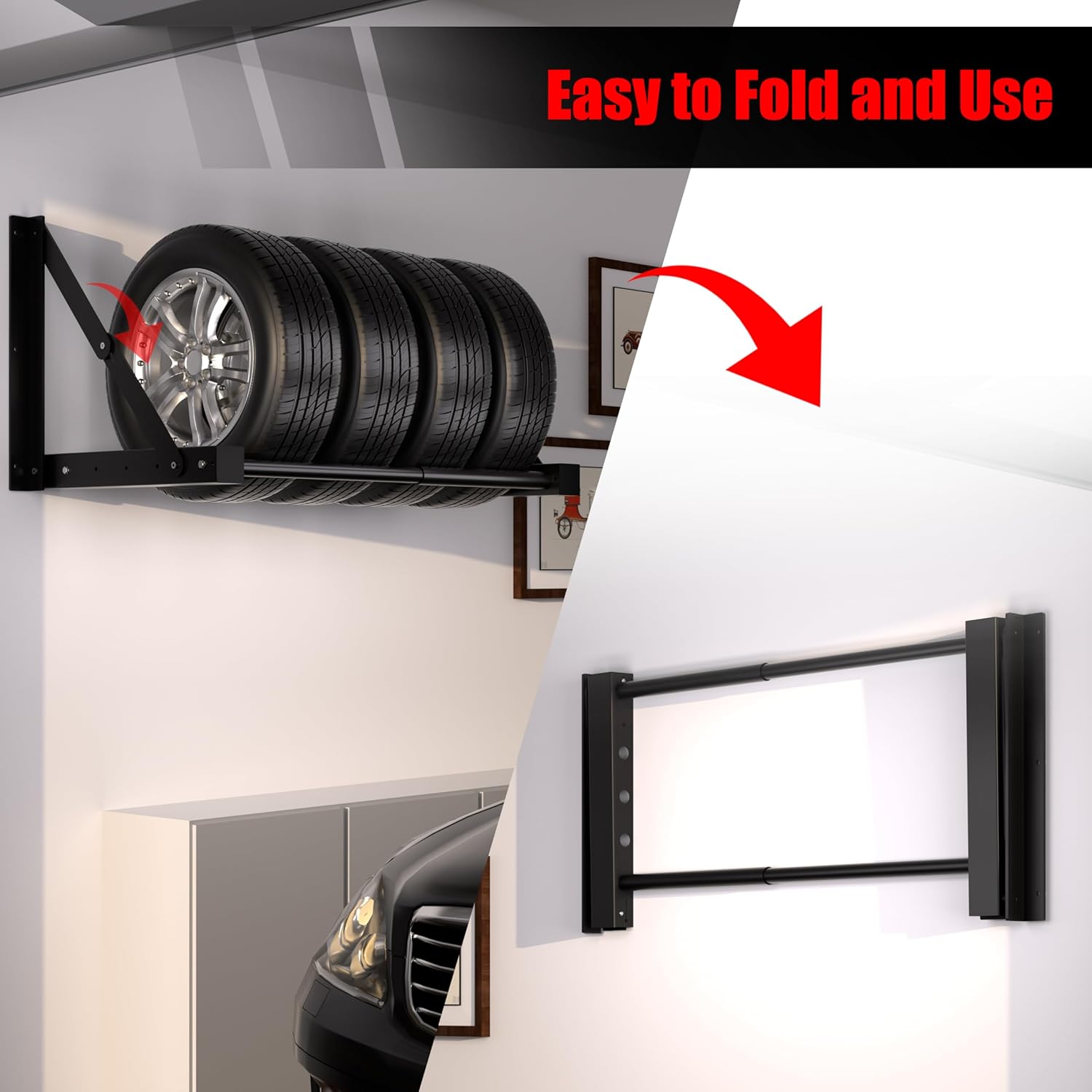 Wall Mount Folding Tire Rack, 32 to 48 Inches Wide Adjustable Tire Storage Rack, Heavy-Duty Steel Tire Storage Rack for Garage ,Workshop, Repair Shop, Supports 400 Pounds and Folds Flat