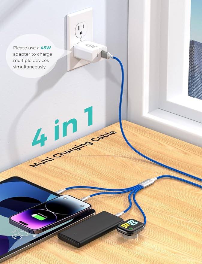 Amasuki Travel Essentials,4 in 1 for Apple Watch Charger/iPhone Charger/Multi Charging Cable,Vacation RV Camping Essentials,USB C/L/Micro Portable Charger for iWatch 11-1/iPhone 17-12,Car&Gift-Blue