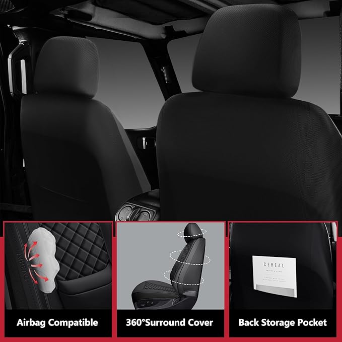 Wrangler Seat Covers 2007-2026 Full Set, Waterproof Leather Interior Sets with Lumbar Support Custom Fit for Jeep Wrangler JK JL 4 Door Unlimited Sahara/Sport/Rubicon X 392 Willys, Black