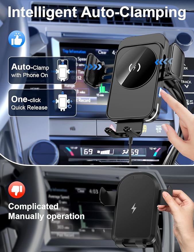 Cup Holder Phone Mount, [Auto Clamping] 2 in 1 Wireless Car Charger Holder Fast Charging, 15W with Quick Extension Long Arm, Fast Swivel Adjustable, 360° Rotatable for iPhone 17/16/15/14/13/12 pro/12