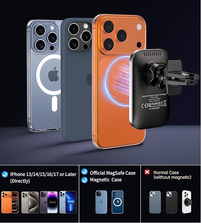 for MagSafe Car Mount Charger, 360° Rotation Magnetic Wireless Charger for Car Vent/Dashboard, Supports Fast Charging, Compatible with iPhone 17/16/15/14/13/12 Series, 𝗡𝗢 𝗔𝗱𝗮𝗽𝘁𝗲𝗿