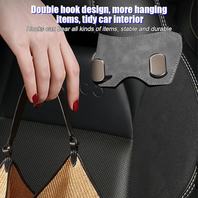 Car Headrest Hook, 2PCS Suede Vehicle Back Seat Storage Hanger with Double Metal Hook, Automotive Seatback Organizer for Purse Handbag Coat, Compatible with Most Sport Seat (Grey)