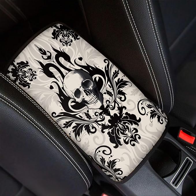 Dreaweet Gothic Skull Center Console Cover Halloween Car Accessories Interior Arm Rest Cover Pad Universal Comfort Car Armrest Storage Box Mat for SUV Truck
