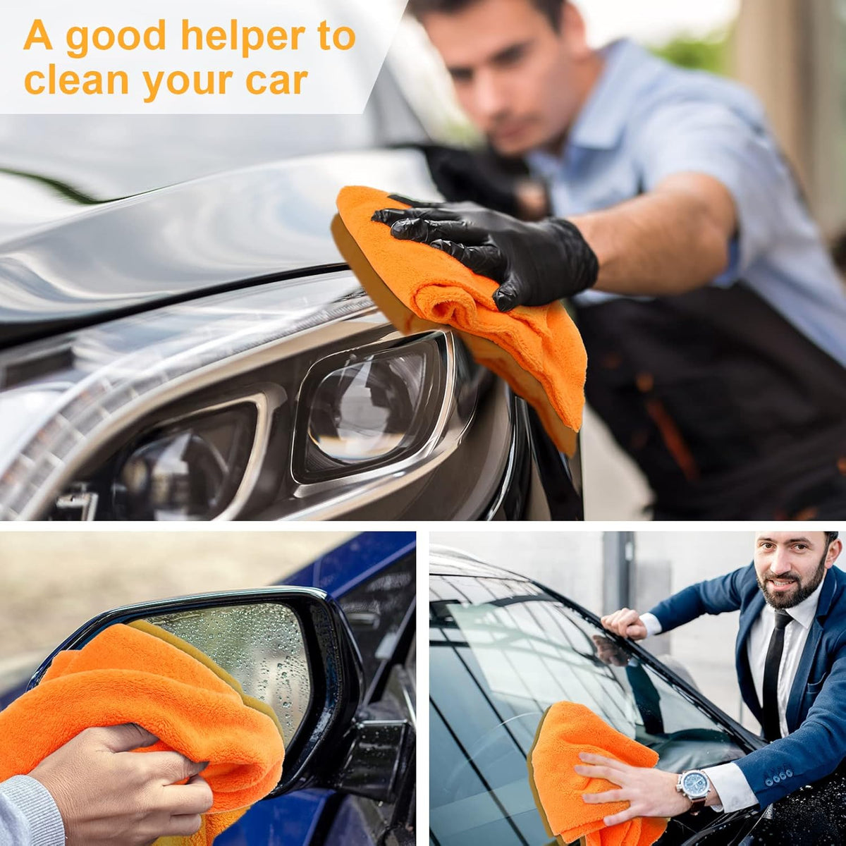 Shimeyao 30 Pcs Edgeless Microfiber Plush Towels for Cars Detailing Drying Wash Polishing Absorbent Cleaning Cloths, 500 GSM, 16 x 16 Inch(Orange)