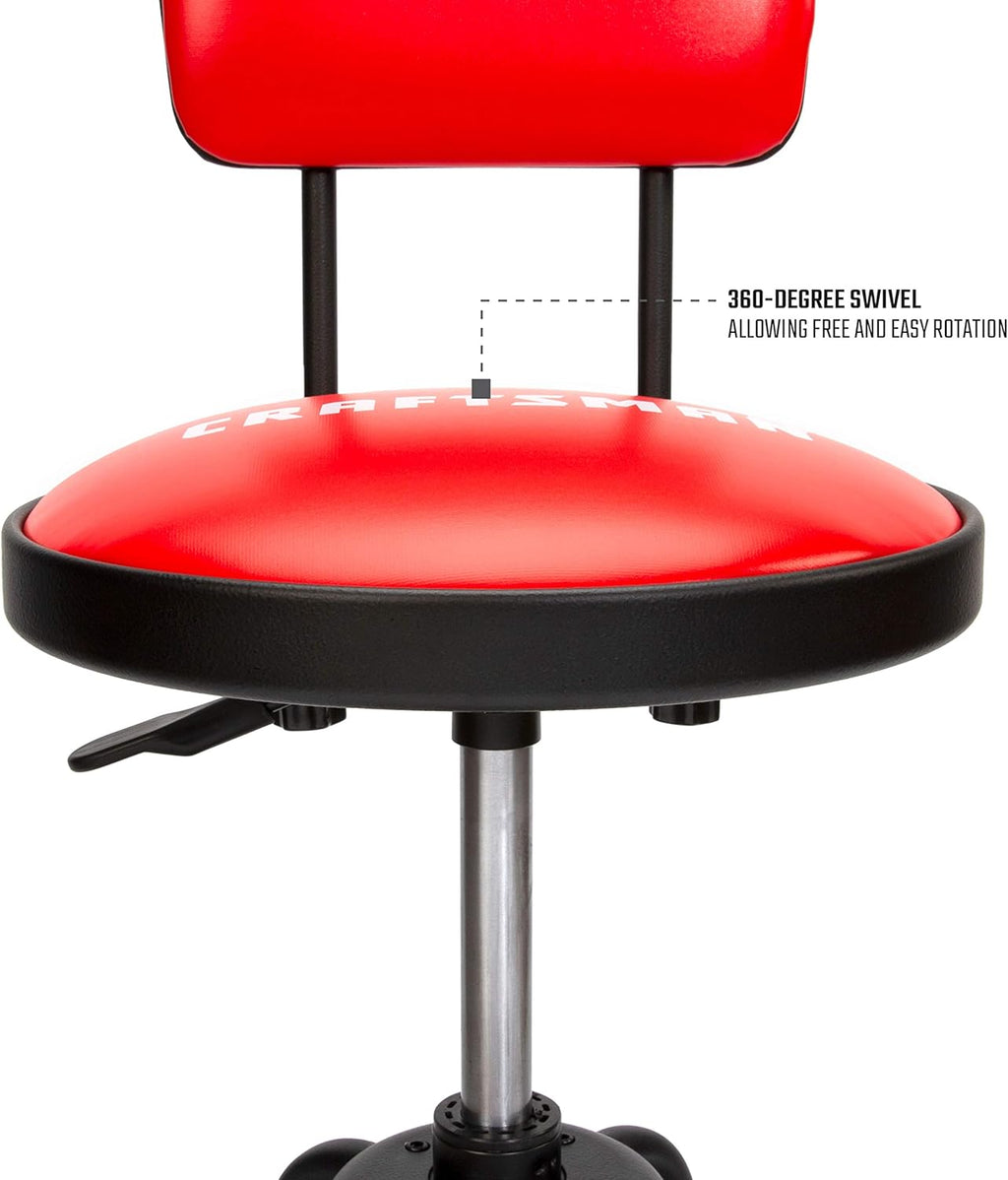 Craftsman Adjustable Height Work Shop Stool, 29 to 34-inches Tall, Rip-Resistant Padded Vinyl Seat, 300-lb Capacity, 360-degree Footrest, Non-Marring Feet