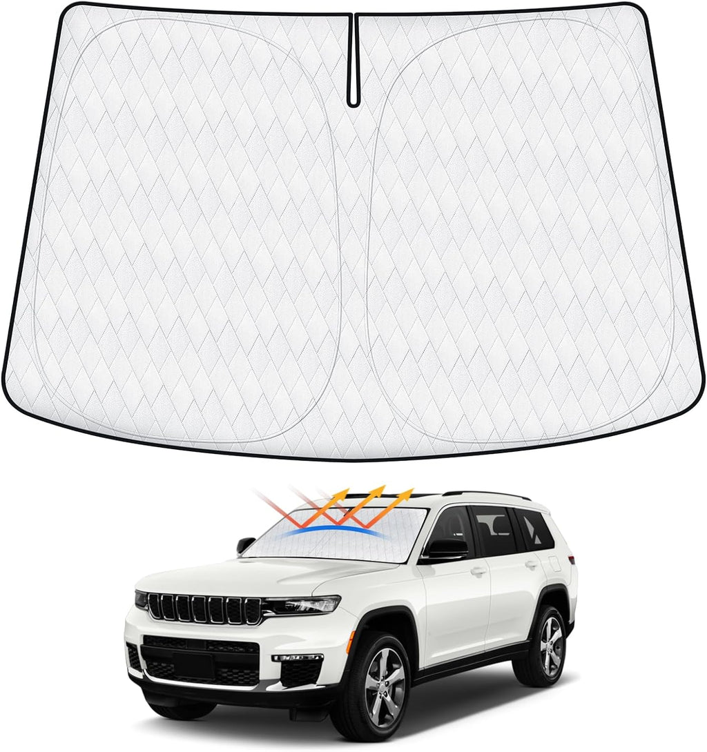 Windshield Sun Shade Fit for Jeep Grand Cherokee/Grand Cherokee L 2021-2024 2025, Sunshades for Grand Cherokee Accessories Foldable Window Sun Shade Sun Visor UPF50+