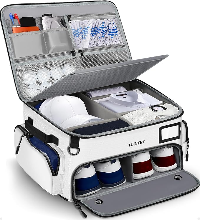 LOINTET Golf Trunk Organizer, Waterproof Car Golf Locker with Separate Ventilated Compartment for 2 Pair Shoes, Golf Storage for Balls, Tees, Cap, Clothes, Gloves, Accessories, Gifts for Men, Women