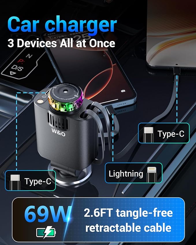 W & O Car Charger Fast Charger for iPhone17/16/15,69W Retractable car Charger with Aromatherapy and Starlight,5 in 1 Fast Car Charger with L/C Cables,Car Charger Adapter for iPhone,Android（Purple）