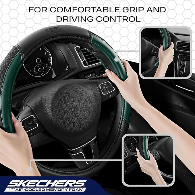 Skechers Air-Cooled Steering Wheel Cover,Leather Car Steering Wheel Cover Universal Fit 14" 1/2-15" Car Wheel Protector for Men Women Fit Suvs,Vans,Sedans,Car,Trucks,Green