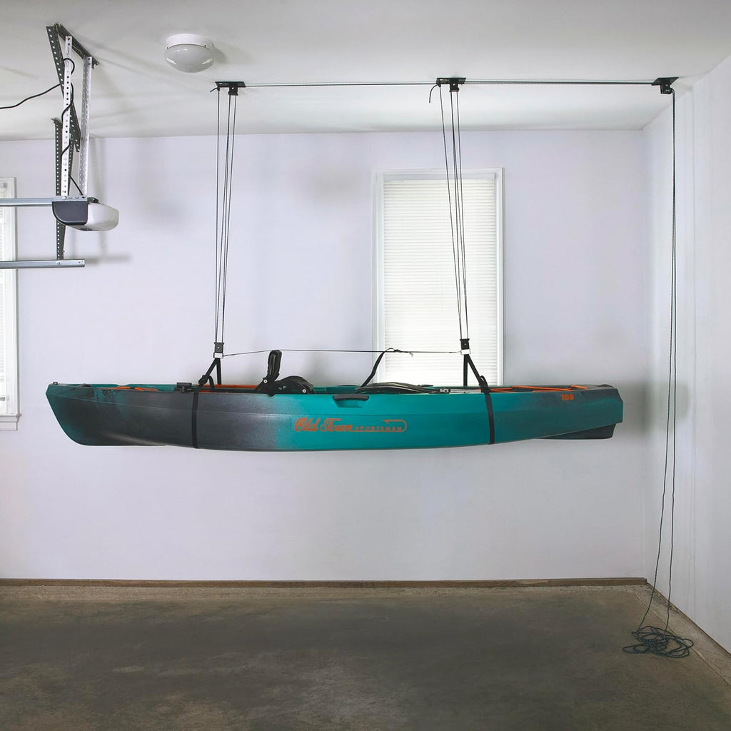 Teal Triangle Heavy Duty Elite Kayak Hoist, Easy-Lift Garage Pulley System, Holds 150 lbs, Fits 12-Foot+ Ceilings, Patented No-Slip Strap, No Setup Required