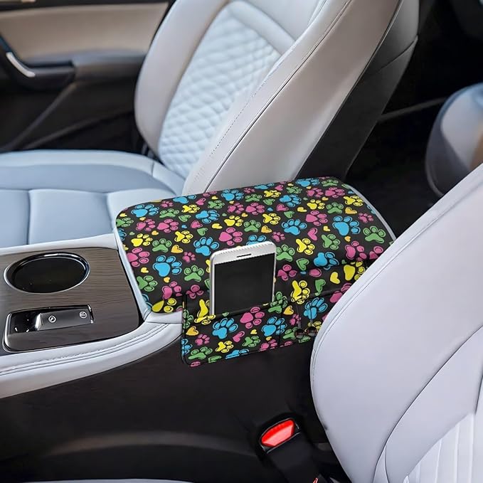 Dreaweet Colorful Dog Paw Center Console Armrest Pad Cover Cute Car Accessories for Women Middle Console Covers with Pockets Soft Anti-Scratch Car Armrest Storage Box Mat