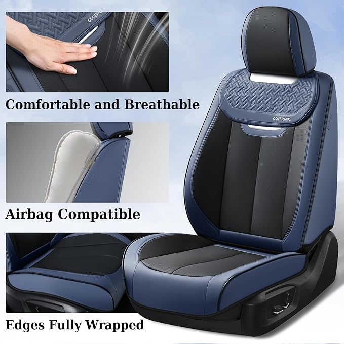 Coverado Front Seat Covers, Breathable Nappa Leather Car Seat Cover, Universal Seat Covers for Cars, Waterproof Car Seat Protector, Driver Seat Cover Fit for Most Cars(Blue&Black)