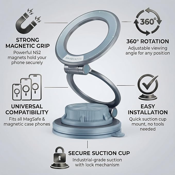 Magnetic Car Phone Mount, 0.83" Ultra-Slim Foldable Holder, [Vacuum Suction & Adhesive Pad] for Textured Dashboard/Windshield, 3-Joint Metal MagSafe Mount for iPhone 17 Pro Max/Pixel (Blue)