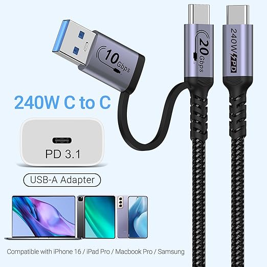 20Gbps USB C CarPlay Cable 3.3ft [2Pack],2-in-1 USB C Fast Charging & Data Transfer for Android Auto Cable, Compatible with iPhone 16 15 Pro Max,Samsung Galaxy, Pixel 9 Pro