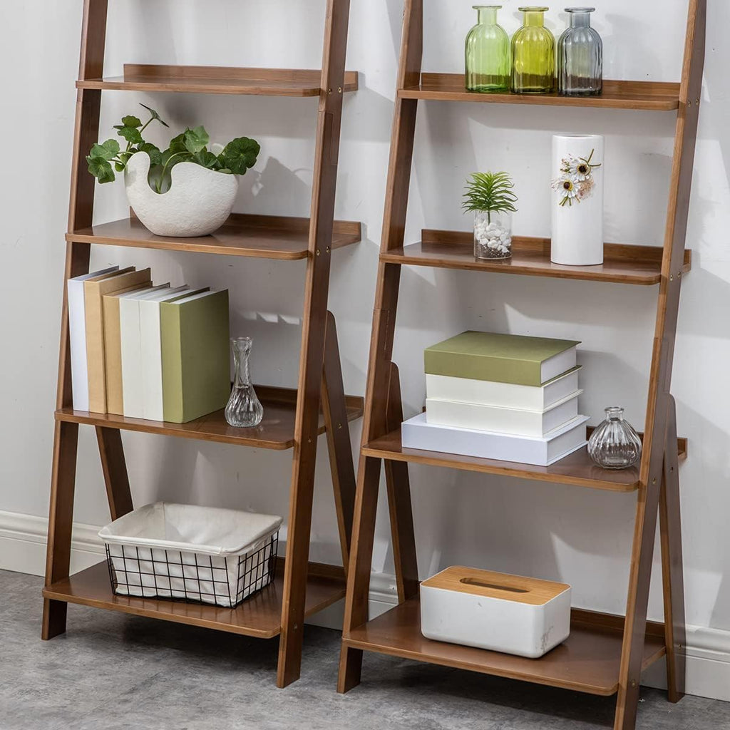 Maydear Bamboo Ladder Shelf Bookcase, 5-Tier Leaning Bookshelf Free Standing Organizer Storage Shelves for Living Room, Bedroom, Kitchen, Home Office, Balcony, Walnut