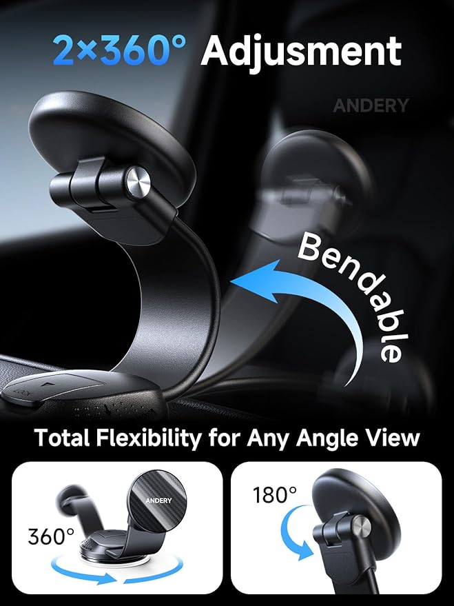 ANDERY Car Phone Holder for MagSafe [360° Adjustable Memory Alloy Arm | 2400gf Strongest Magnetic Power] Bendable Car Mount, Phone Holders for Your Car for iPhone and All Smartphones, Carbon Fiber