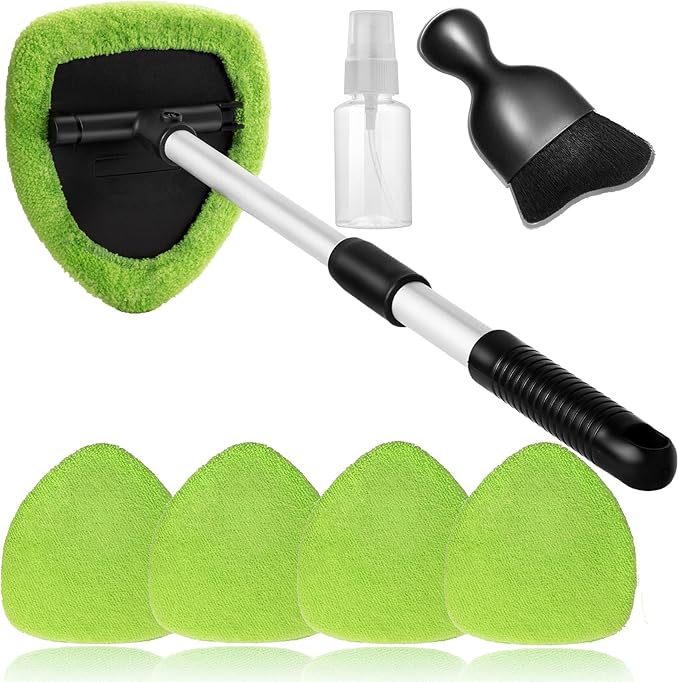 Qydipclin 7pcs Windshield Cleaner Tool Car Window Cleaning Wash Kit with 4 Reusable Microfiber Pads 1 Spray Bottle and Extendable Handle Auto Glass Wiper Kit, Green