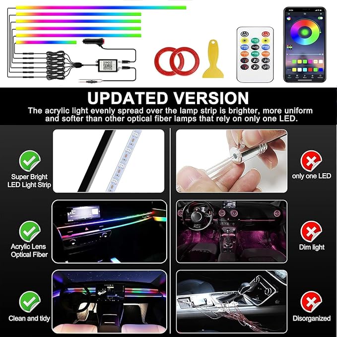 Dreamcolor Acrylic Interior Car LED Strip Light with APP Remote Control, RGB 6 in 1 with 175 inches 593 LEDs Fiber Optic Strip Lights for Car, Dynamic Chasing Music Sync Neon Car Ambient Lighting Kits