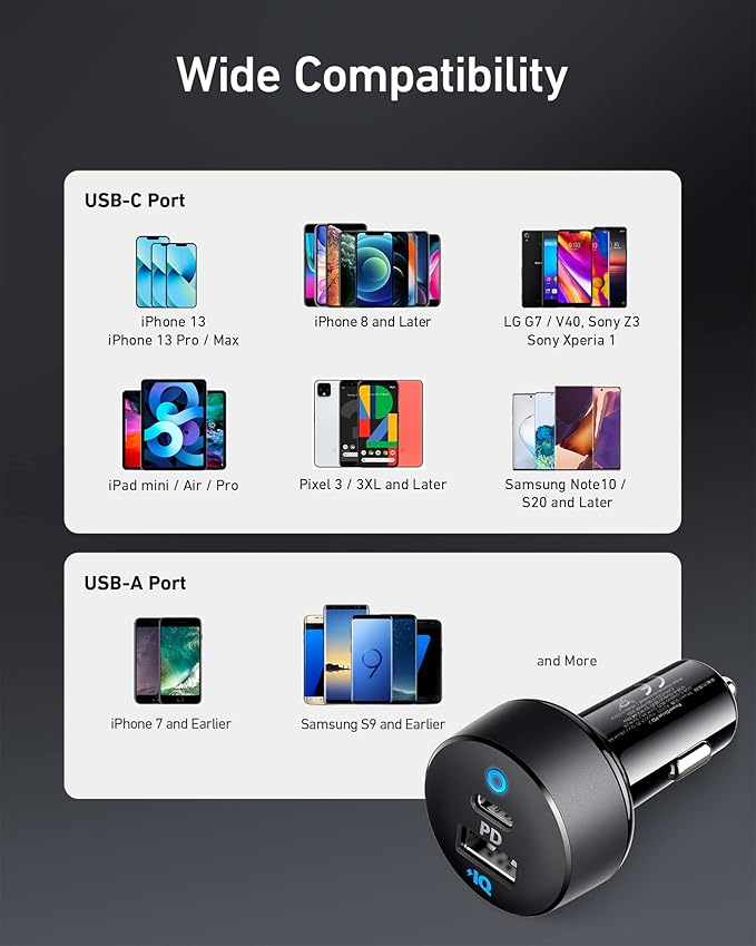Anker USB C Car Charger, Compact 32W 2-Port, LED Indicator Type C Charger with 20W Power Delivery & 12W PowerIQ, Compatible with iPhone 15 14 13 12 Series, Pixel 3 2 XL, iPad Pro & More Devices