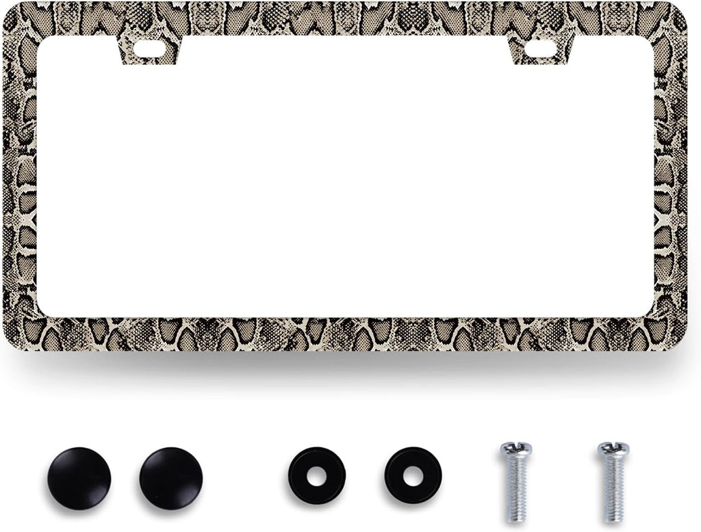 Snake Skin Print License Plate Frame Brown Animal Texture License Plate Holder Funny License Plate for Car Decoration Stainless Steel Snakes Car Accessory with Screws Men Women 12.3" x 6.3"