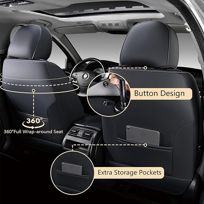 FLORICH Seat Covers, Black Car Seat Cover Full Set, Luxury Faux Nappa Leather Automotive Seat Protectors, Car Seat Cushions Universal Fit for Most Sedans SUVs Trucks - Black