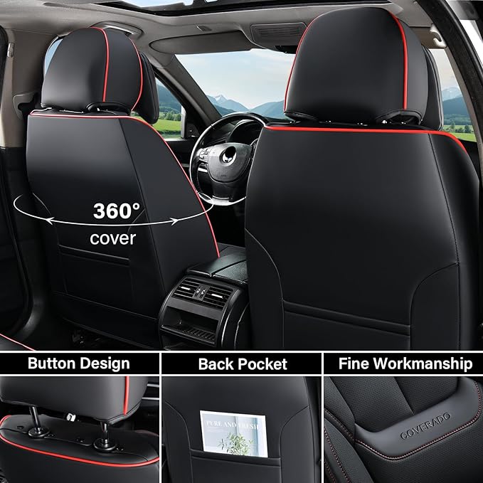 Coverado Universal Seat Covers Full Set, 5 Seats Universal Seat Covers for Cars, Waterproof Nappa Leather Car Seat Covers with Head Pillow, Auto Protectors Fit for Most Pick-up Truck, Black&Redline