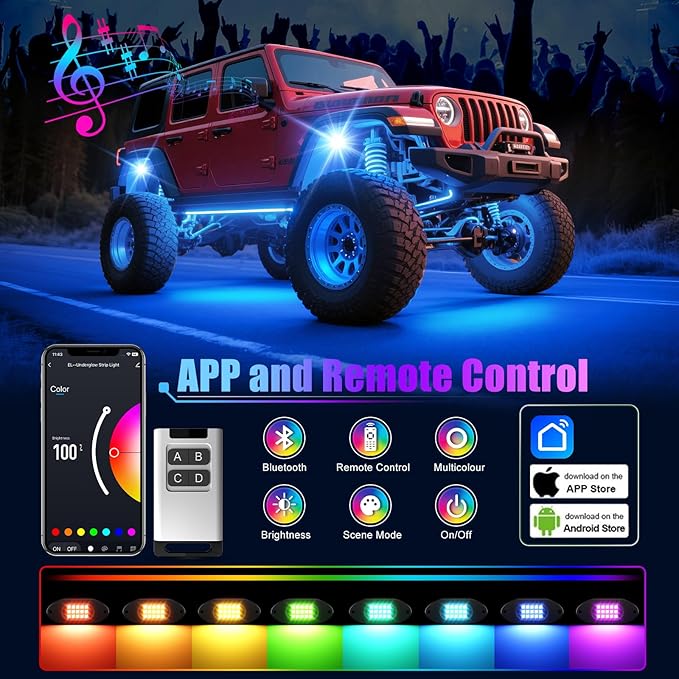 LED Rock Lights for Trucks 8 Pods,RGB Rocklights with App & Remote Control, Underglow Rock Light Kit for Trucks UTV ATV Golf Cart RZR