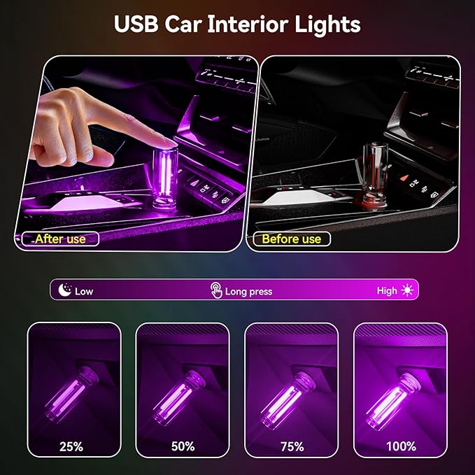 4 PCS USB Night Light, Touch Dimmable Mini USB LED Car Interior Ambient Lights, Portable Plug-in Glass Bottle Night Lamp for Car, Tent, Desk, Bedside (2Green&2Purple)