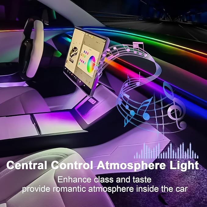 2021-2023 Tesla Model 3 Y Interior Car Neon Lights (Center Console+Dashboard+4 Foot Lights) with Matching Armrest Organizer, Ambient APP-Controlled RGB LED Strip Lights