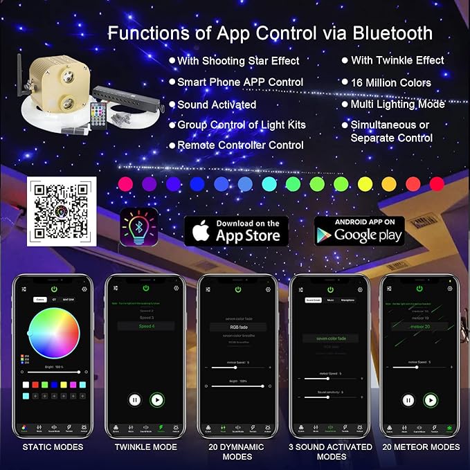 AKEPO Car Home 20W Dual Head Fiber Optic Lights RGBW Twinkle+Shooting Star Effect+APP+Music Mode Star Ceiling Light Kit, 710pcs 4m/13.1ft Mixed Optical Fiber Cable with Meteor Light Kit and Remote