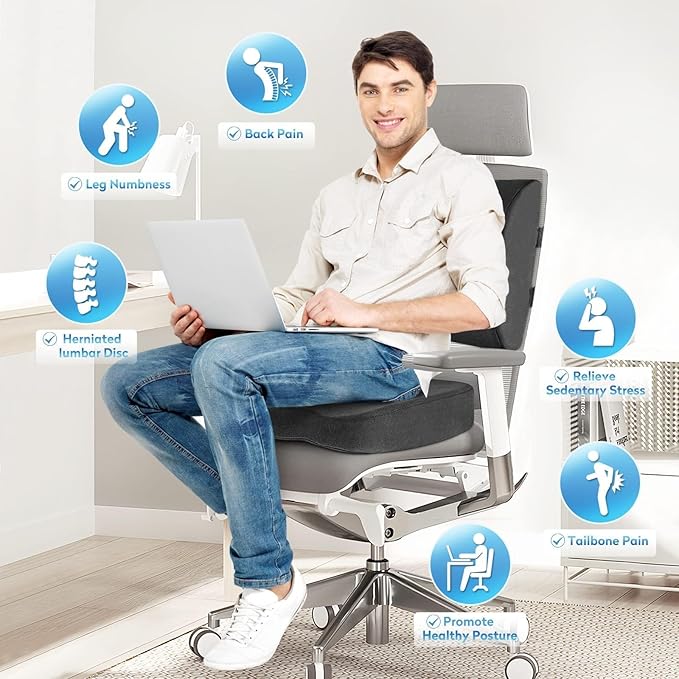 CloudBliss Lumbar Support Pillow & Seat Cushion Set for Office Chair, Desk Chair, Wheelchair & Car – Memory Foam Back Support, Ergonomic Chair Cushions, Sciatica Pain Relief, Home Essentials, Grey