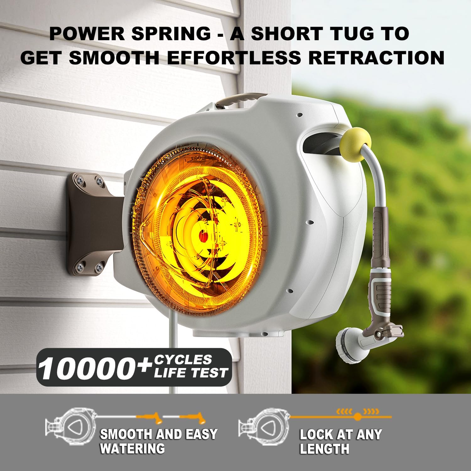 Retractable Garden Hose Reel, 1/2 in 120+6 ft, Heavy Duty Wall Mounted Water Hose Reel, Spring Power Automatic Rewind, Any Length Lock, 180° Swivel Bracket, 10 Pattern Spray Nozzle