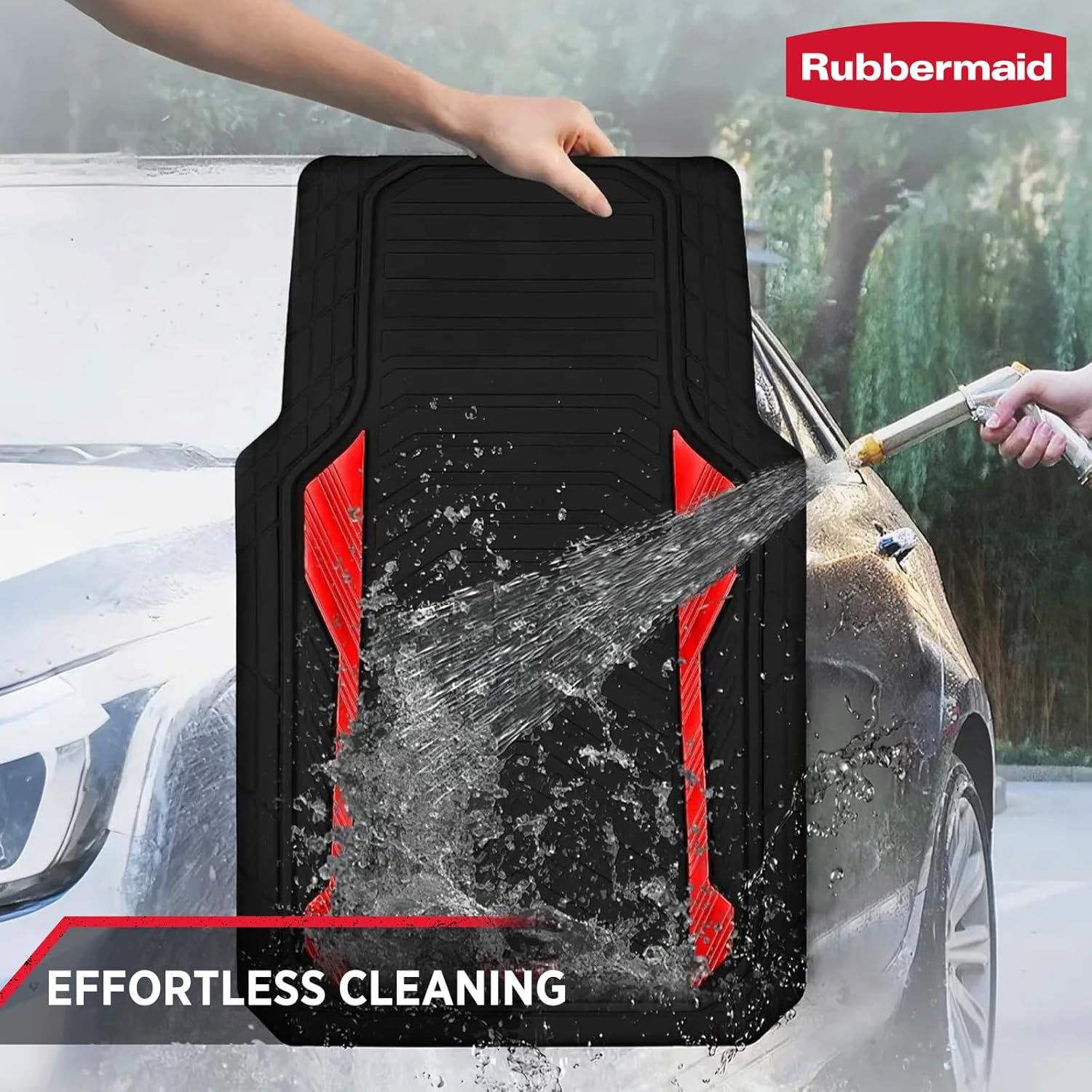 Rubbermaid Car Floor Mat, Heavy Duty All-Weather Car Mats Full Set with Dual-Tone Red Aluminum Inserts – Universal Fit, Anti-Slip Backing, Trim-to-Fit for Most SUV, Sedan, Van