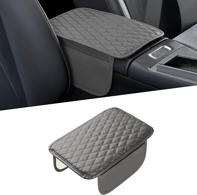 Car Center Console Cover, Universal Center Console Protector Pad with Soft Microfiber Leather & 2 Storage Pockets, Non-Slip Cushion for Car SUV Truck Interior Accessories (Gray)