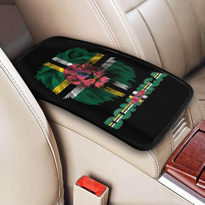Vintage Dominica Dominican Flag Lion Head Auto Center Console Armrest Cover Car Handrail Box Cushion Pad Mat Universal Fit Most Vehicle Sedan Truck SUV Soft Comfort Decor Accessories