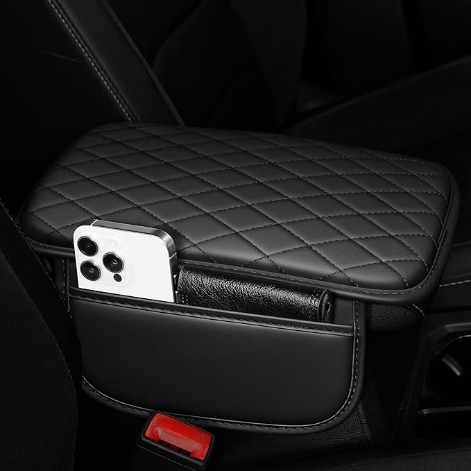 Center Console Cover Fit for Kia Sorento 2003-2025 with 2 Storage Bags Waterproof Leather Quilted Pattern Car Armrest Cover Cushion Anti - Slip(Black)