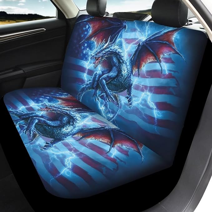 KEIAHUAN 4pcs Car Seat Covers Full Set Blue Dragon American Flag Auto Seat Cover Universal Front and Rear Seat Covers Light Breathable Automotive Interior Accessories for SUV,Sedan,Truck